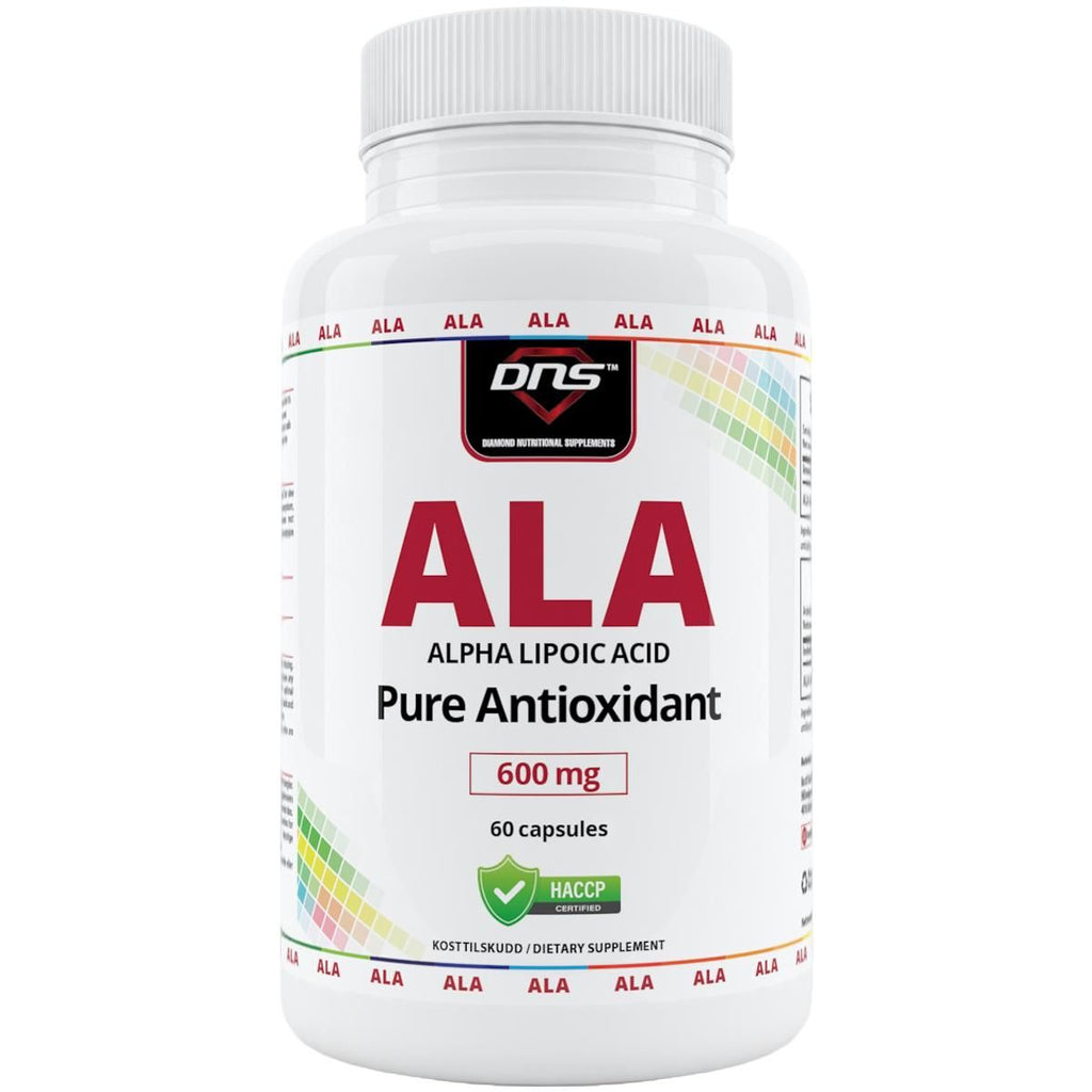 En hvit boks med ALA (Alpha Lipoic Acid) fra DNS