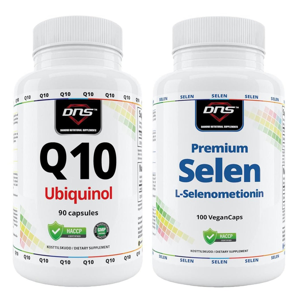 En hvit boks med Q10 og en hvit boks med selen fra DNS
