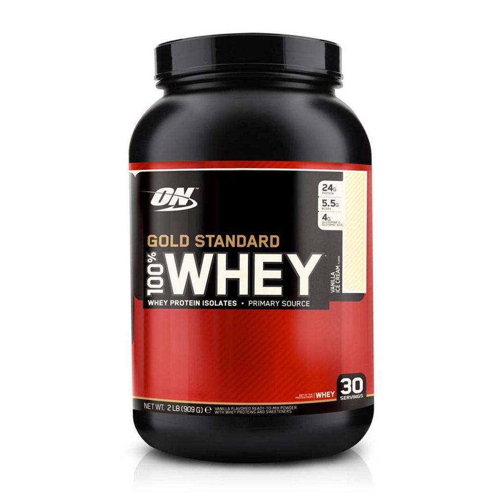 En boks med whey proteinpulver fra Optimum Nutrition