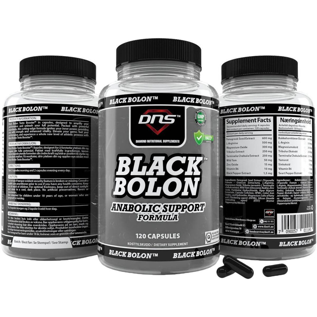 Bilde av 3 bokser med dns black bolon anabolic support testobooster